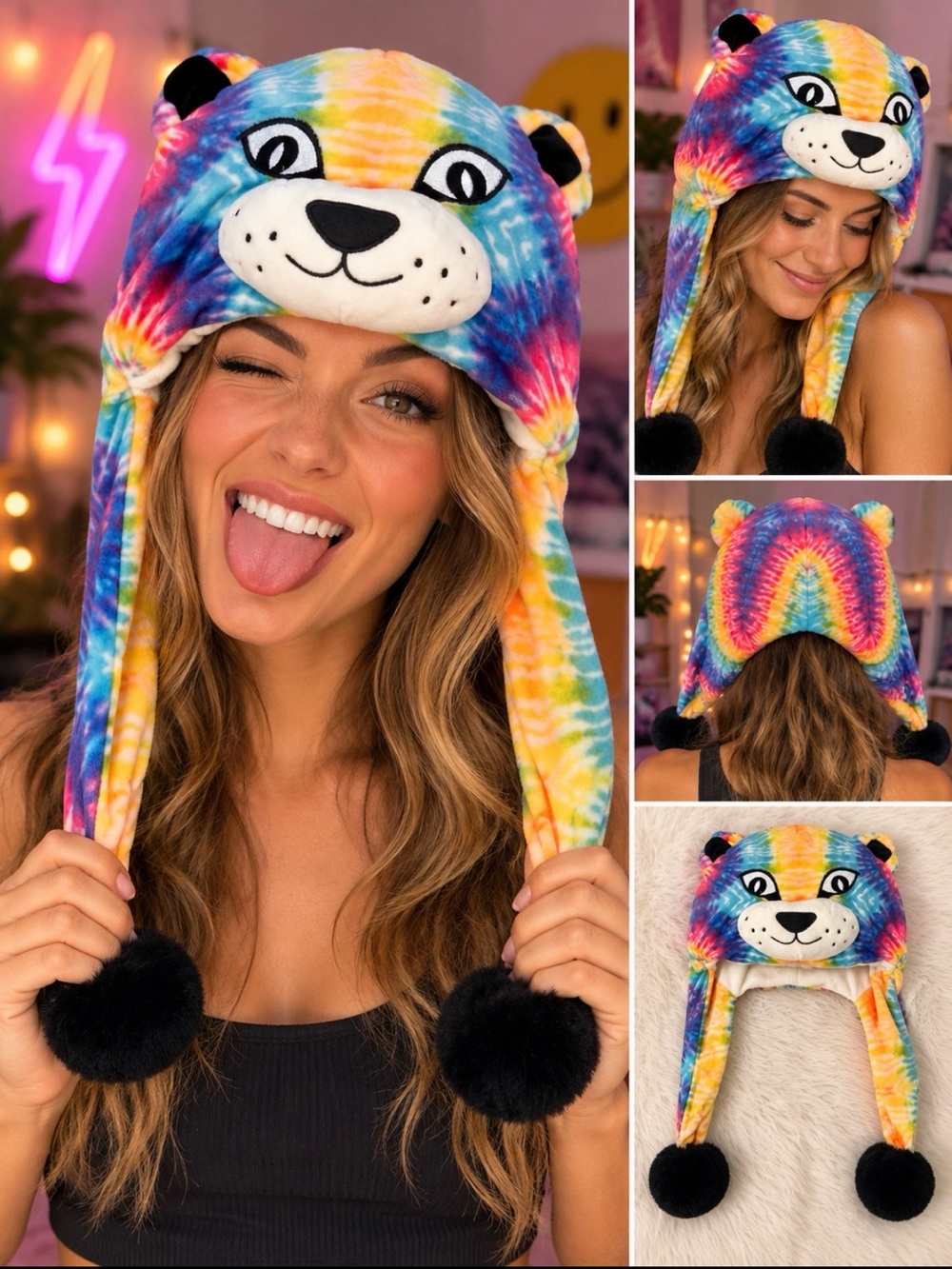 Tie-Dye Animal Ear Kids Hat with Pom Poms - Multicolor